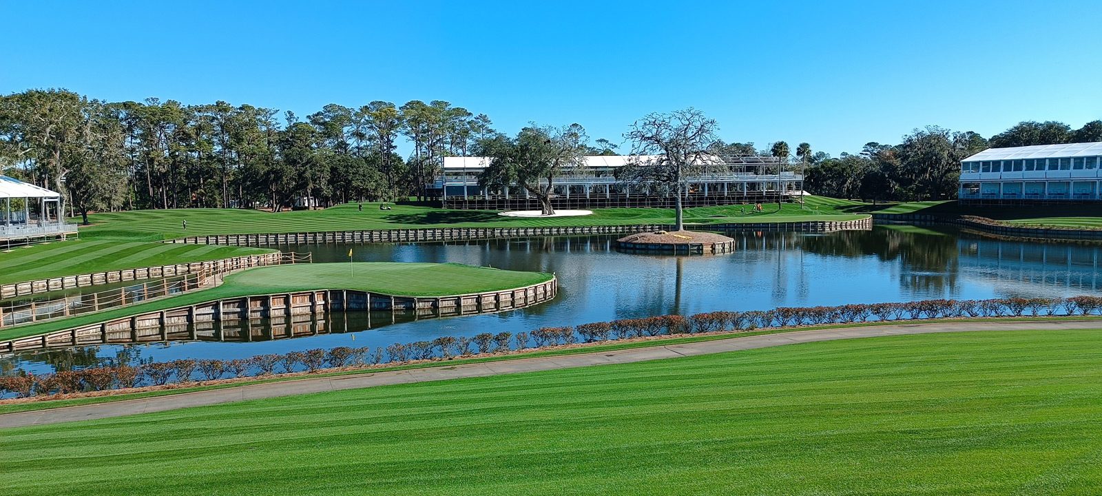 The island green at TPC Sawgrass, with grandstands behind